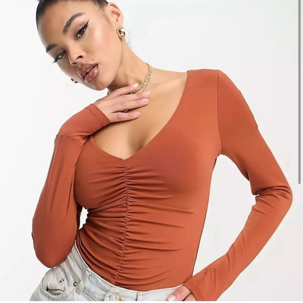Long-Sleeve Ruched V-Neck Bodysuit